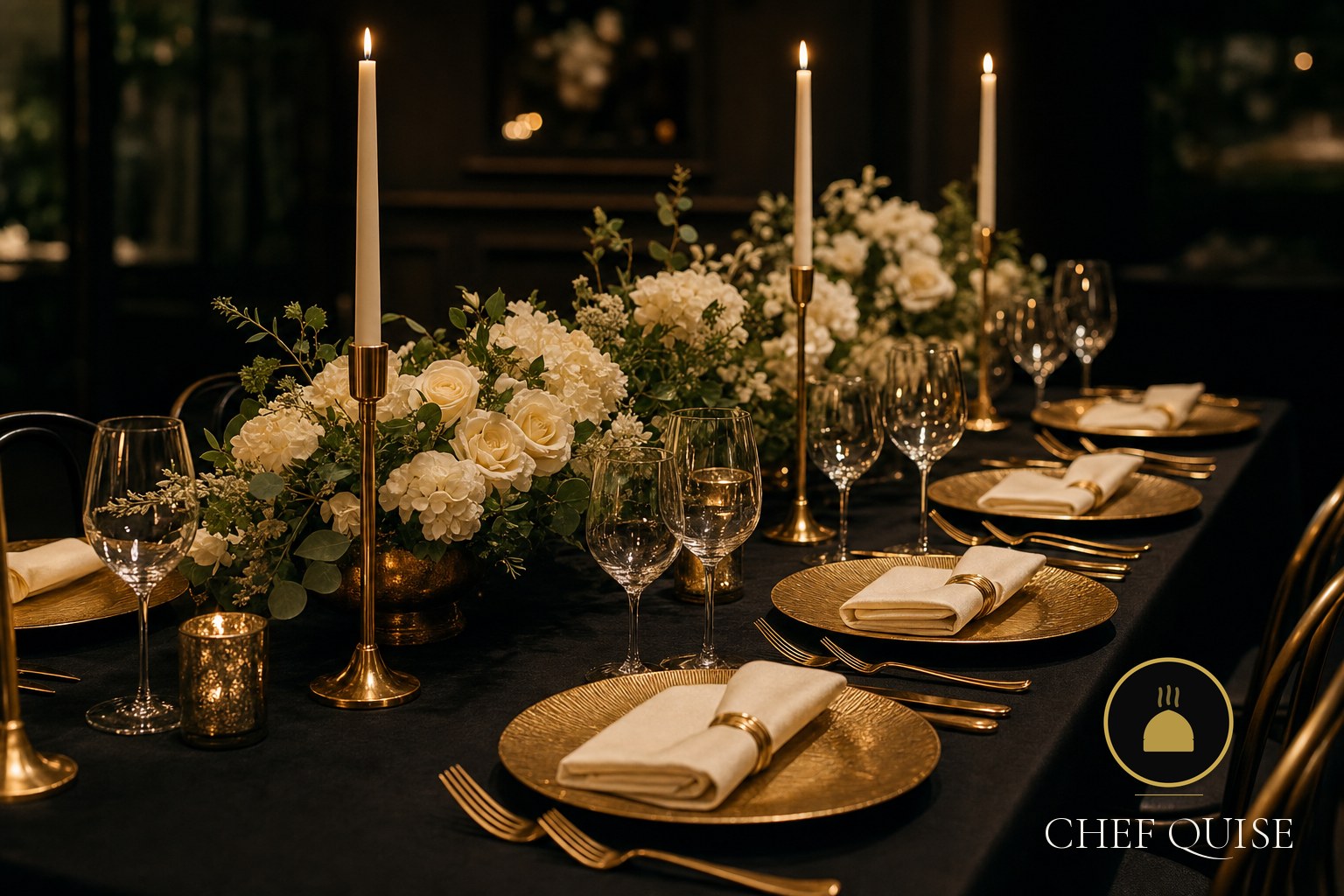 Elegant gold and cream table styling with candles and floral centerpiece by Chef Quise