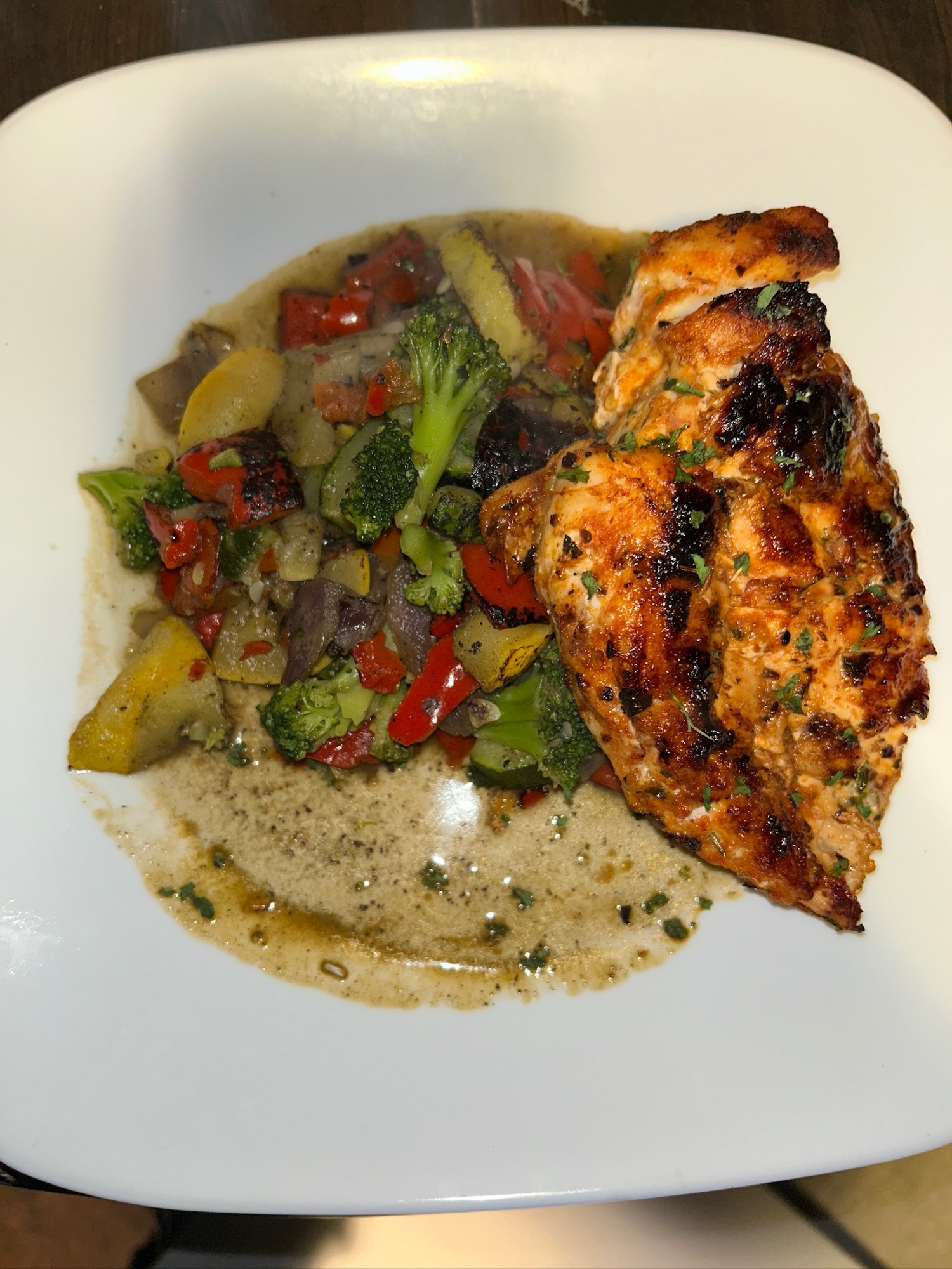 Pan Seared Chicken Breast over Sautéed Veggies