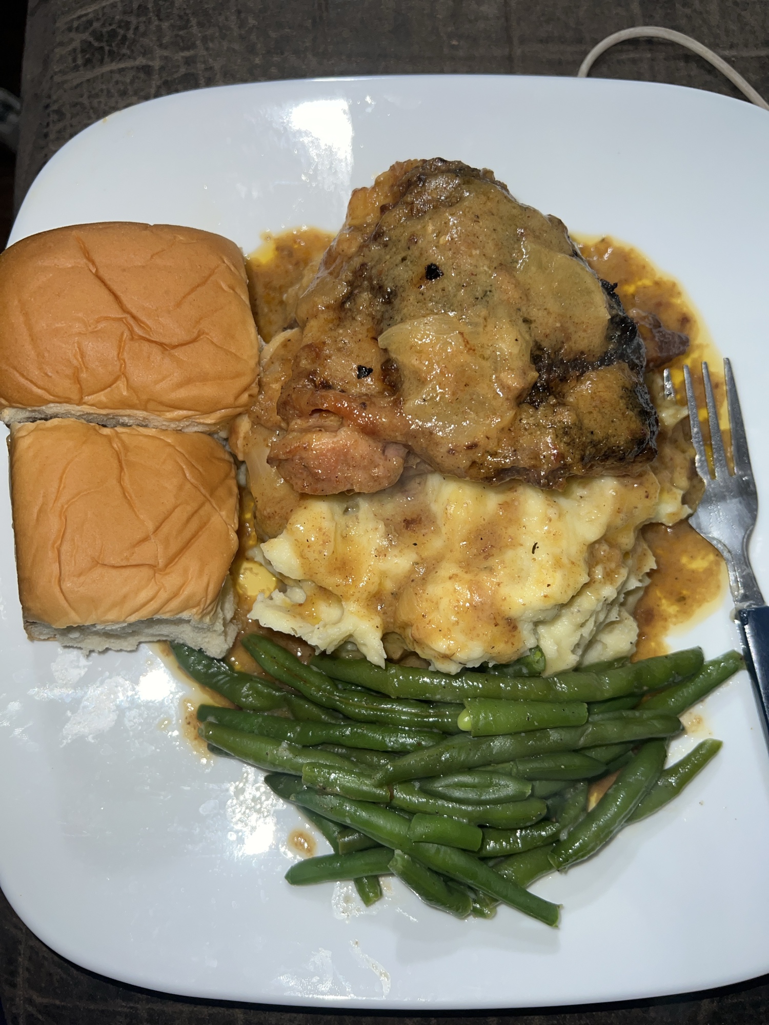Smothered Chicken over Mashed Potatoes and Green Beans