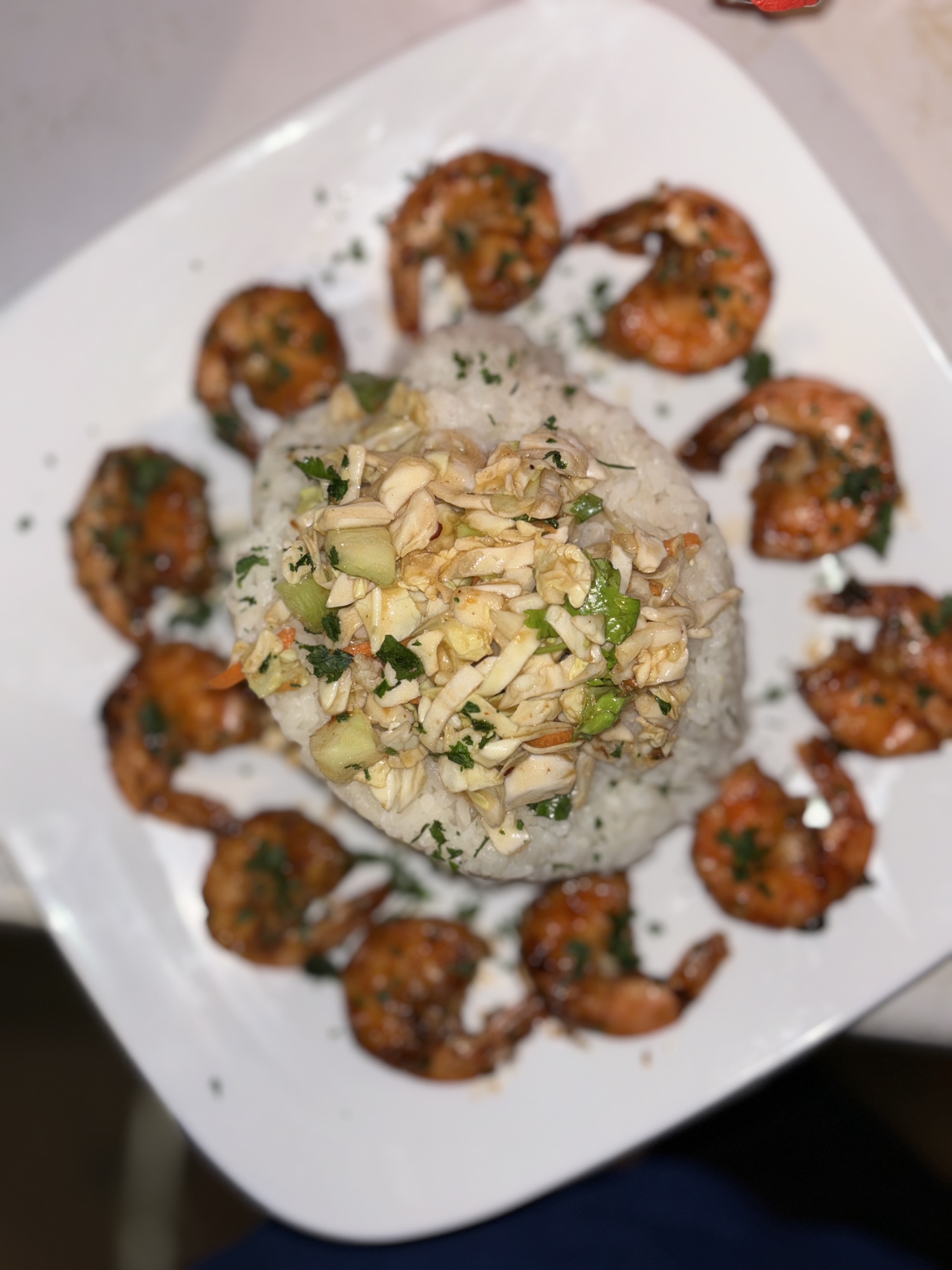 Honey Chipotle Glazed Shrimp with White Rice Tower and Citrus Slaw