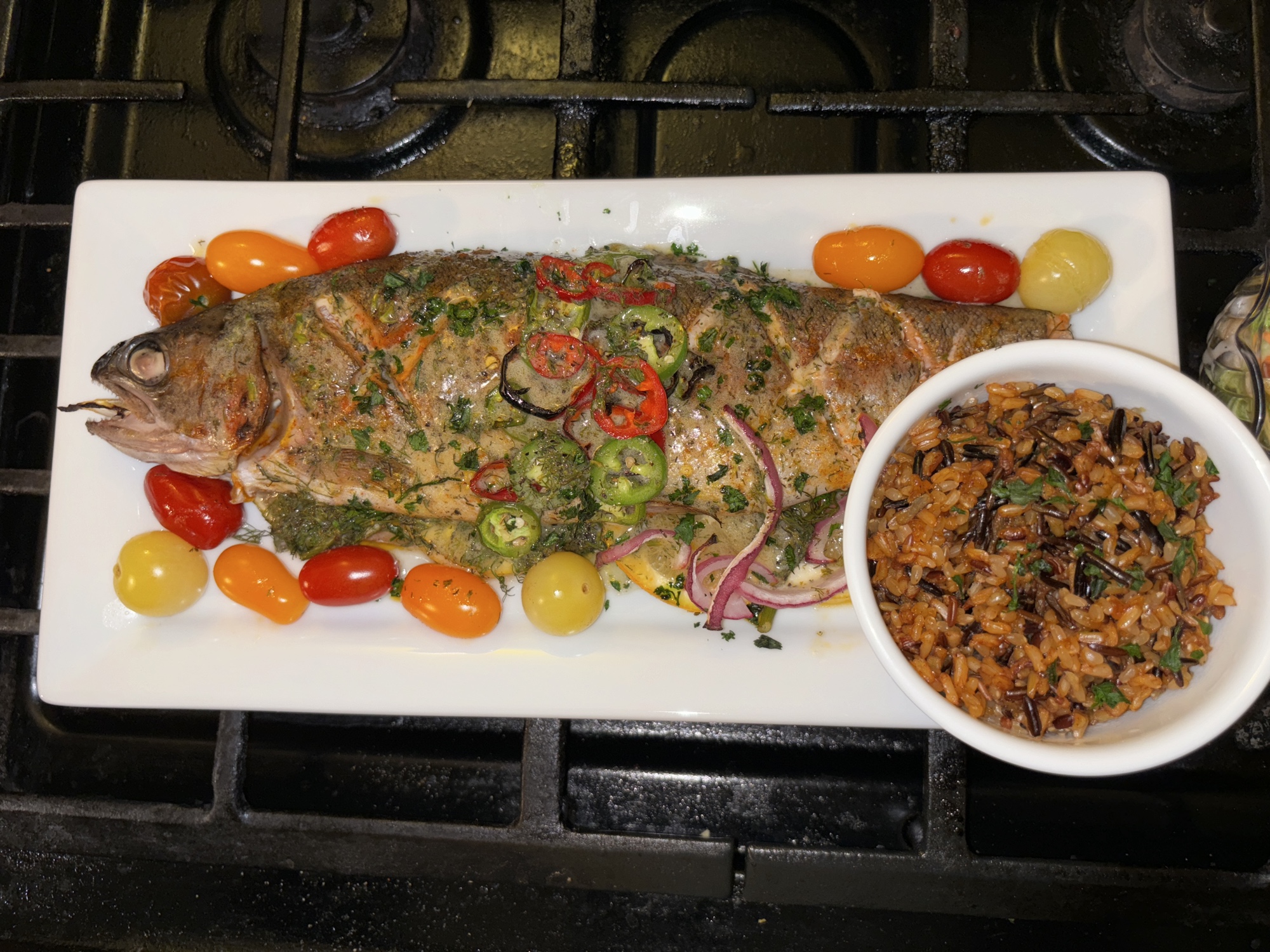 Whole Roasted Red Snapper with Wild Rice and Heirloom Tomatoes