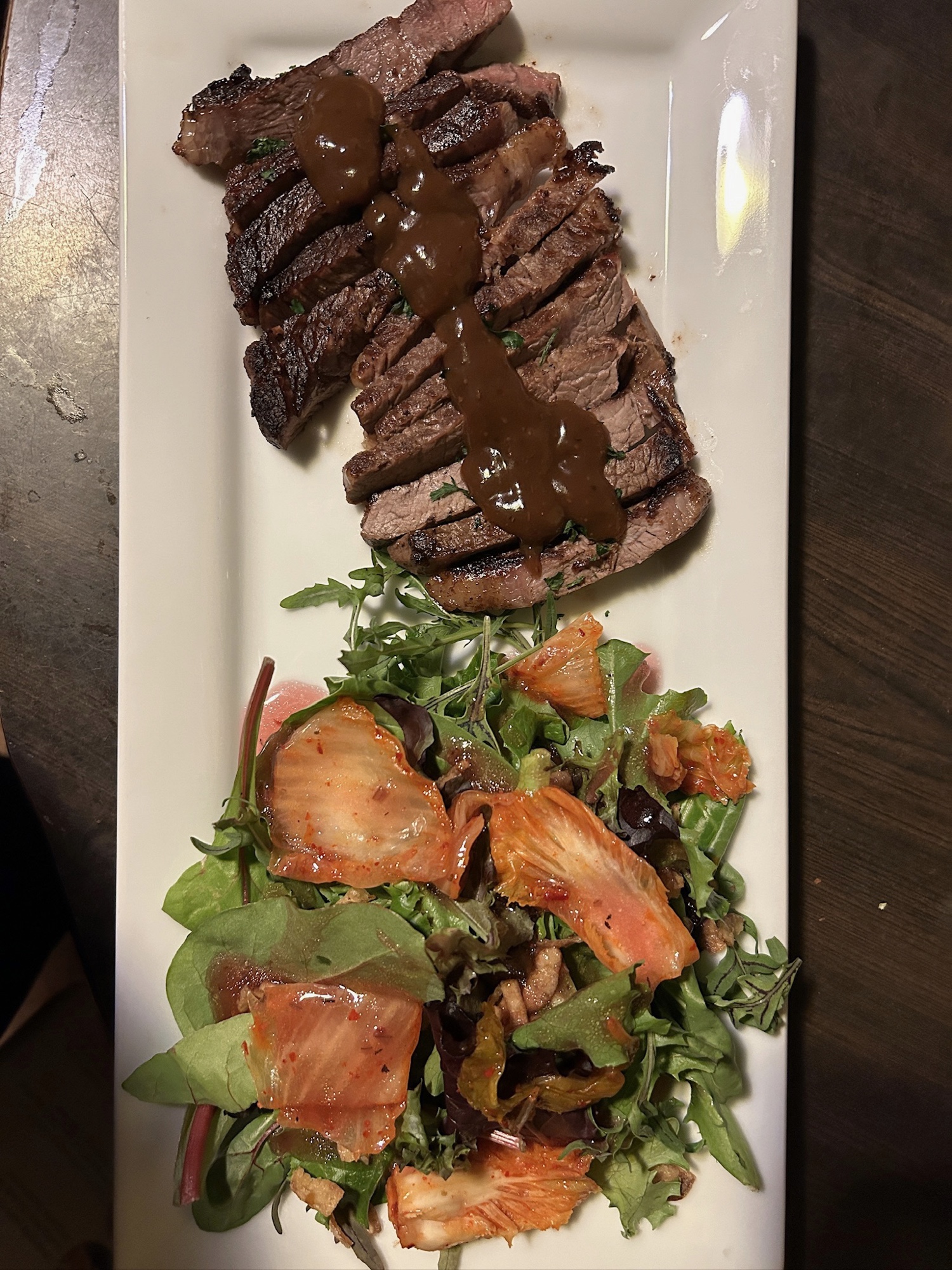 Sliced Ribeye and Spring Leaf Salad with Kimchi Onions